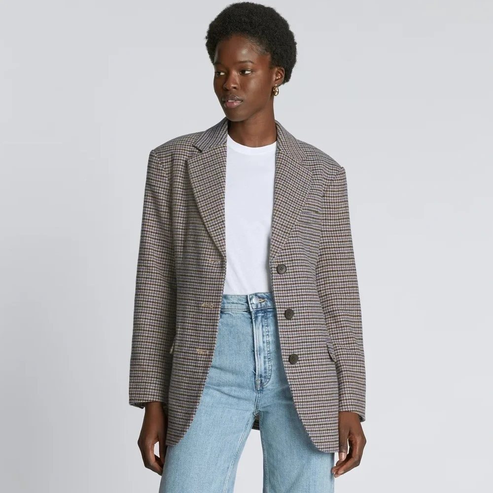 Everlane 80s Oversized Blazer Wool Houndstooth Brown Blue Size 2 NWOT - Picture 3 of 12